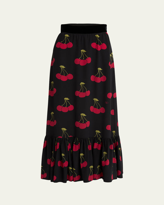 Cherry Print Flounce Silk Maxi Skirt